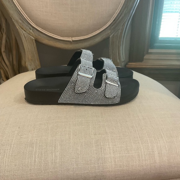 Steve Madden Black Rhinestone Double Strap Sandals - Picture 3 of 6